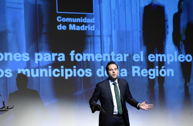 El vicepresidente de la Comunidad de Madrid, Ignacio Aguado durante su intervención para presentar las distintas subvenciones que concede la Comunidad de Madrid para apoyar el empleo en las corporaciones locales de la región.
