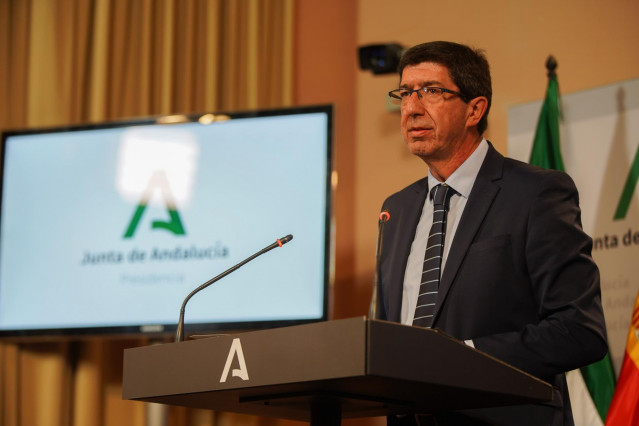 El vicepresidente de la Junta, Juan Marín, durante la rueda de prensa para informar de la situación del coronavirus en la comunidad autónoma andaluza. Sevilla a 11 de marzo del 2020 (Foto de archivo).