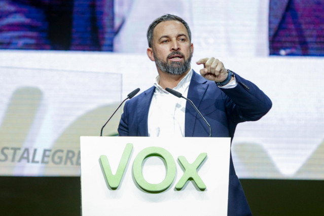 El presidente de Vox, Santiago Abascal, interviene en el acto central de la Asamblea General Ordinaria del partido en el Palacio de Vistalegre (Madrid/España) a 8 de marzo de 2020.