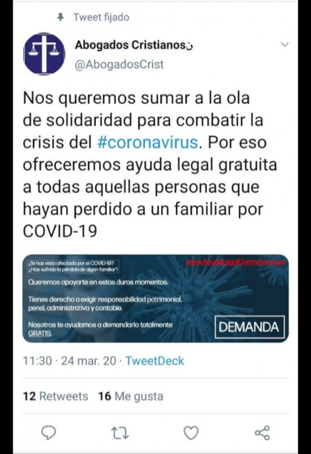 Tuit de Abogados Cristianos en el que se ofrecen para presentar denuncias a afectados por la pandemia de coronavirus