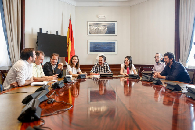 El secretario general de Podemos y vicepresidente segundo del Gobierno, Pablo Iglesias, junto a los principales dirigentes de Unidas Podemos.