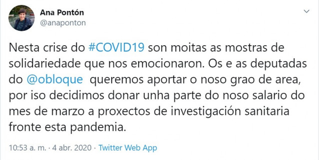 Publicación de la portavoz nacional del BNG, Ana Pontón, en Twitter