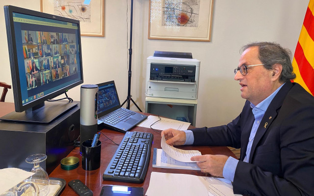 El presidente de la Generalitat, Quim Torra, durante la cuarta reunión de presidentes autonómicos por videoconferencia durante la crisis del coronavirus.