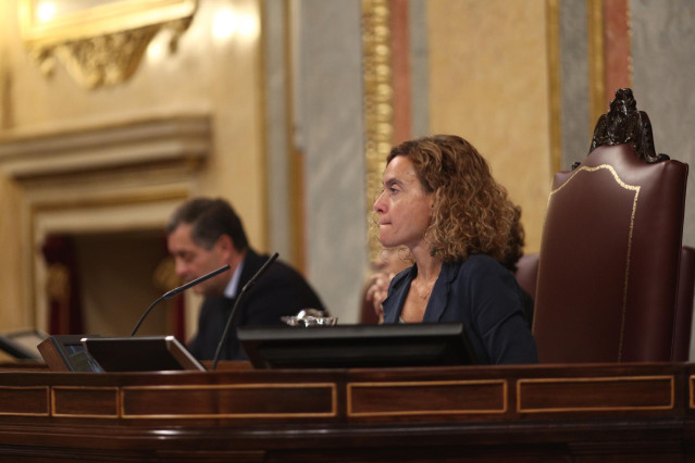 La presidenta del Congreso, Meritxell Batet, en una  sesión de control. Al fondo, el secretario general de la Cámara y letrado mayor