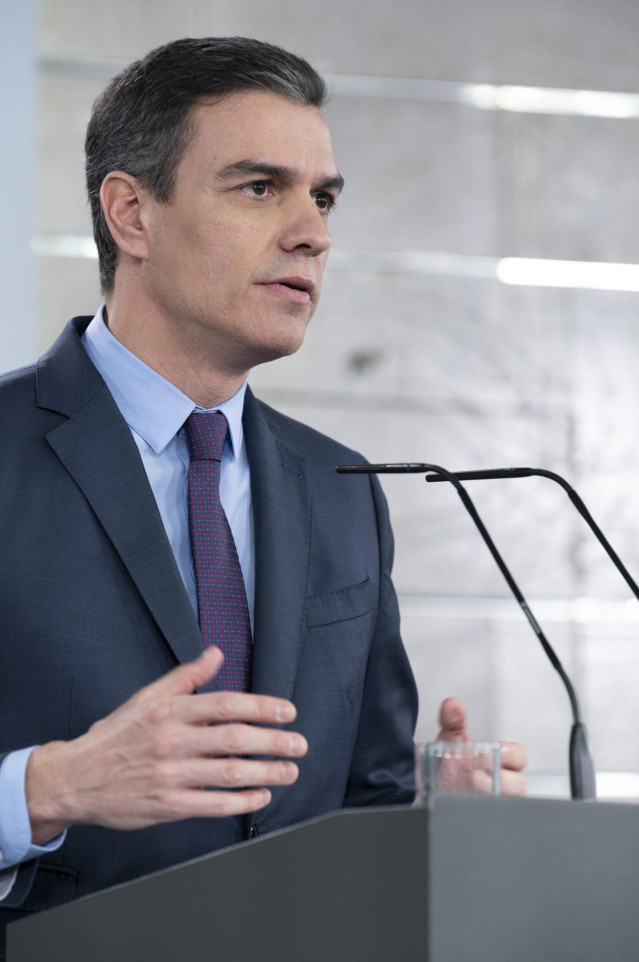 El presidente del Gobierno, Pedro Sánchez, en la comparecencia donde ha confirmado su intención de solicitar al Congreso de los Diputados una nueva prórroga del estado de alarma