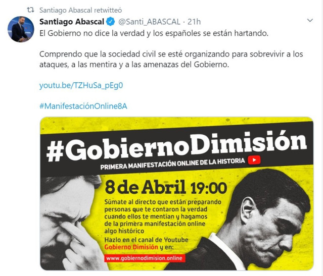 Captura del tweet del presidente de Vox, Santiago Abascal