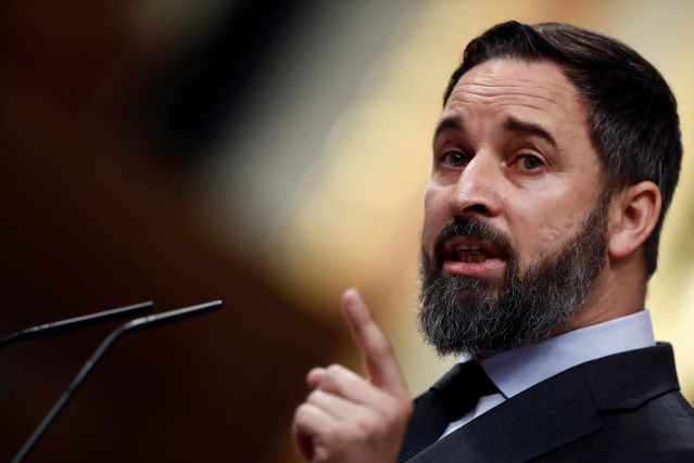 El líder de Vox, Santiago Abascal, durante su intervención en el pleno del Congreso celebrado este jueves