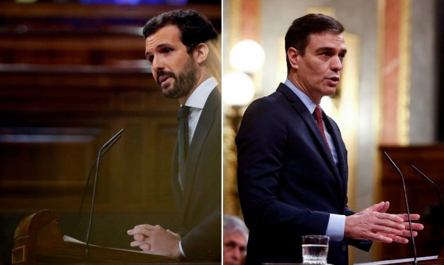 Pedro Sánchez y Pablo Casado durante el pleno celebrado este jueves en el Congreso para aprobar una nueva prórroga del estado de alarma, en Madrid, (España), a 9 de abril de 2020.
