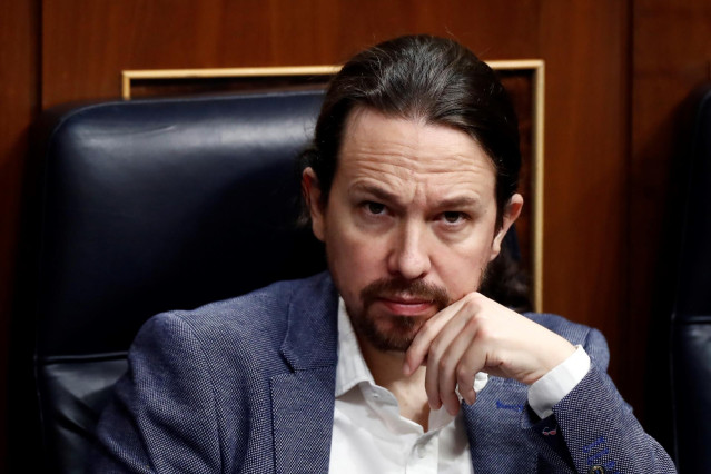 El vicepresidente segundo del Gobierno, Pablo Iglesias, durante el pleno celebrado este jueves en el Congreso para aprobar una nueva prórroga del estado de alarma. En Madrid, (España), a 9 de abril de 2020.