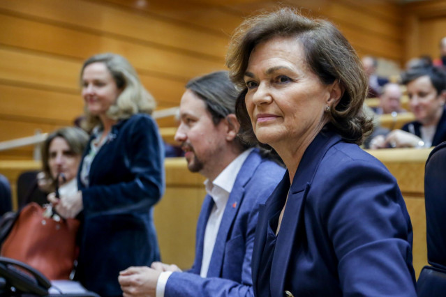 Los cuatro vicepresidentes del Gobierno, Carmen Calvo, Pablo iglesias, Nadia Calviño y Teresa Ribera