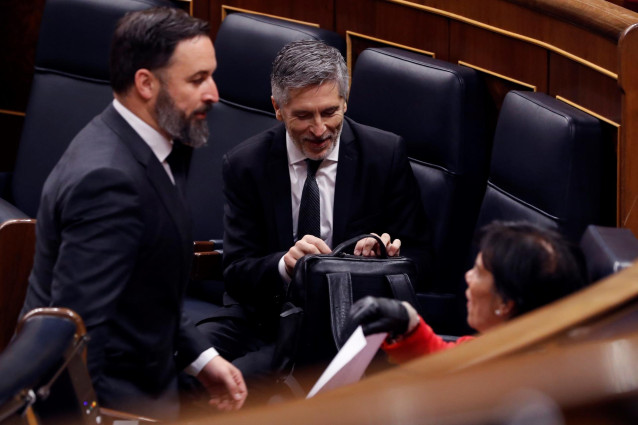El líder de Vox, Santiago Abascal, pasa ante el ministro de Interior, Fernando Grande-Marlaska, en el Congreso