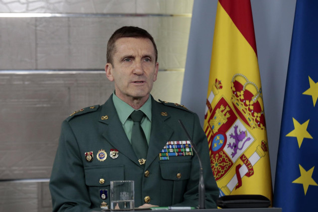 El jefe del Estado Mayor de la Guardia Civil, José Manuel Santiago Marín, interviene en la rueda de prensa convocada por el Comité Técnico del Covid-19 para informar sobre las últimas novedades respecto a la crisis sanitaria. En Madrid, (España), a 18 de