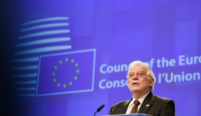 HANDOUT - 06 April 2020, Belgium, Brussels: European High Representative for Foreign Affairs and Security Policy and Vice-President of the European Commission Josep Borrell, speaks during a press conference following a telecoference with EU defence minist