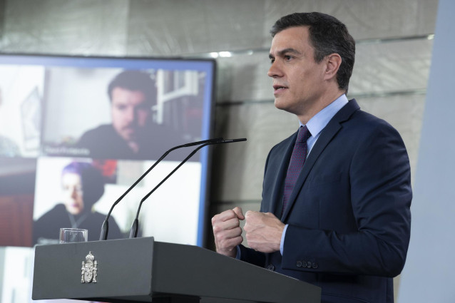 El presidente del Gobierno, Pedro Sánchez, durante una rueda de prensa , en Madrid (España) a 12 de abril de 2020.