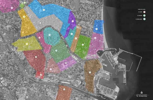 Plano de las zonas de recogida de muestras de agua en València.