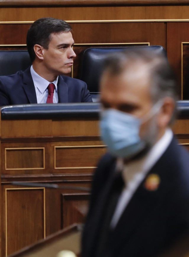 El presidente del Gobierno, Pedro Sáncez durante la sesión de control al ejecutivo que se celebra este miércoles en el Congreso, en un momento en el que el Gobierno intenta recabar apoyos para aprobar una nueva prórroga del estado de alarma