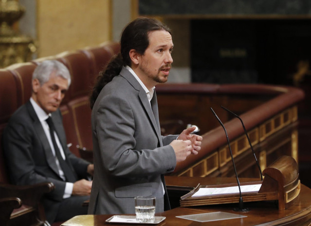 El vicepresidente segundo del Gobierno, Pablo Iglesias, durante su intervención en el Congreso