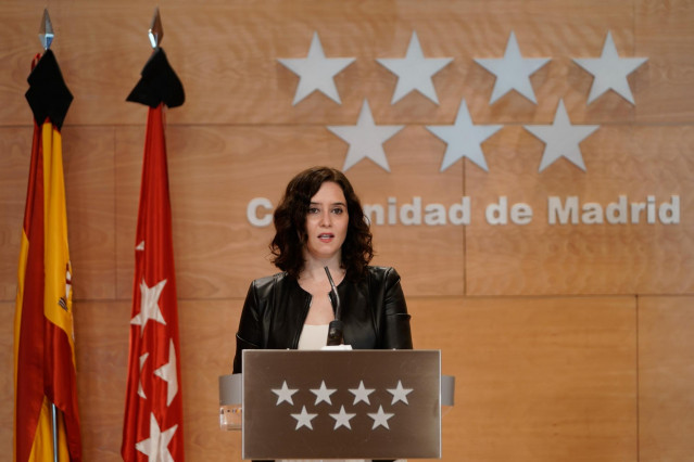 La presidenta de la Comunidad de Madrid, Isabel Díaz Ayuso, comparece en rueda de prensa tras la decisión del Gobierno de mantener a la región en la fase 0, en Madrid (España) a 16 de mayo de 2020.