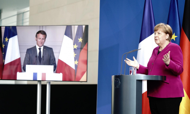 18 May 2020, Berlin: German Chancellor Angela Merkel speaks during a press conference with French President Emmanuel Macron (video-connected). Photo: Kay Nietfeld/dpa-Pool/dpa