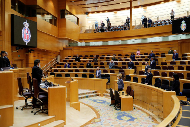 Vista general del Senado durante el minuto de silencio en conmemoración a las víctimas del coronavirus, al inicio del primer pleno de control al Gobierno en el Senado desde la declaración del estado de alarma con un presencia reducida al 10% de los senado
