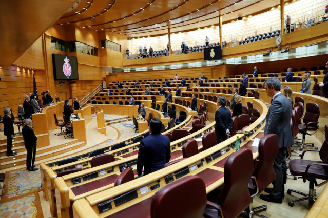 Vista general del Senado durante el minuto de silencio en conmemoración a las víctimas del coronavirus, al inicio del primer pleno de control al Gobierno en el Senado desde la declaración del estado de alarma con un presencia reducida al 10% de los senado