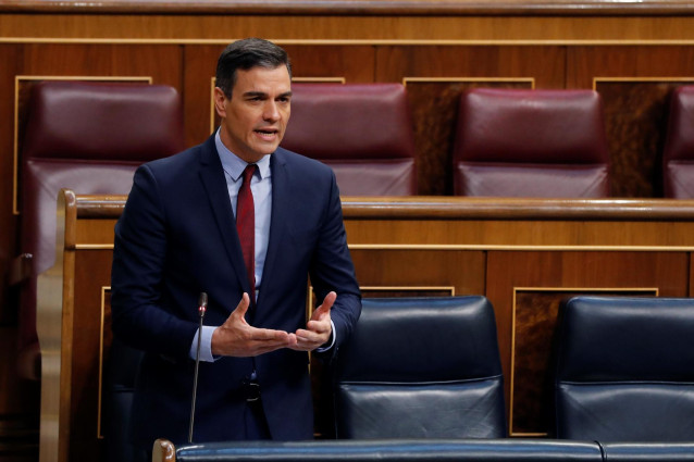 El presidente del Gobierno, Pedro Sánchez, durante su intervención en del debate, este miércoles en el Congreso, de la quinta prórroga del estado de alarma.
