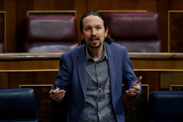 El vicepresidente segundo del Gobierno, Pablo Iglesias, interviene durante el pleno del Congreso que debate este miércoles la quinta prórroga del estado de alarma después de que el Gobierno rectificara ante la presión de los grupos y solicitara una amplia