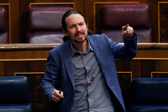 El vicepresidente segundo del Gobierno, Pablo Iglesias, interviene durante el pleno del Congreso que debate este miércoles la quinta prórroga del estado de alarma después de que el Gobierno rectificara ante la presión de los grupos y solicitara una amplia