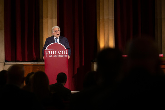 El presidente de Foment de Treball, Josep Sánchez Llibre, durante su intervención en la Asamblea General de la patronal catalana, en Barcelona/Catalunya a 13 de enero de 2020.