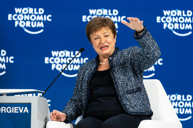 HANDOUT - 24 January 2020, Switzerland, Davos: Kristalina Georgieva, Managing Director of the International Monetary Fund (IMF), speaks during the Global Economic Outlook session at the 50th World Economic Forum annual meeting. Photo: Sikarin Fon Thanacha