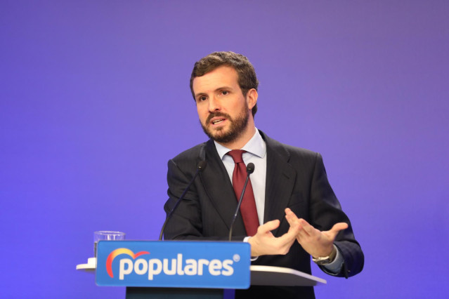 El presidente del Partido Popular, Pablo Casado, interviene en una rueda de prensa convocada ante los medios tras la reunión del Comité de Dirección del PP.  Madrid (España), a 9 de marzo de 2020.