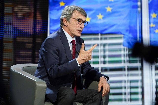 HANDOUT - 25 April 2020, Belgium, Brussels: European Parliament President David Sassoli takes part in the 