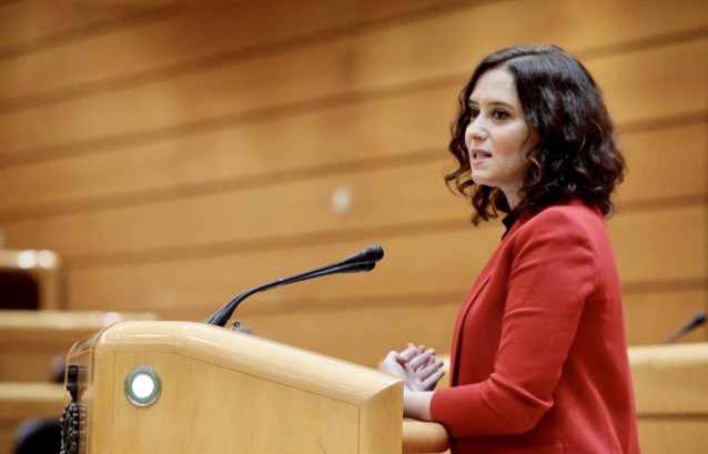 La presidenta de la Comunidad de Madrid, Isabel Díaz Ayuso, durante su intervención en la sesión de la Comisión General de Comunidades Autónomas celebrada en el Senado este jueves a cuenta de la gestión de la pandemia de la COVID-19 .