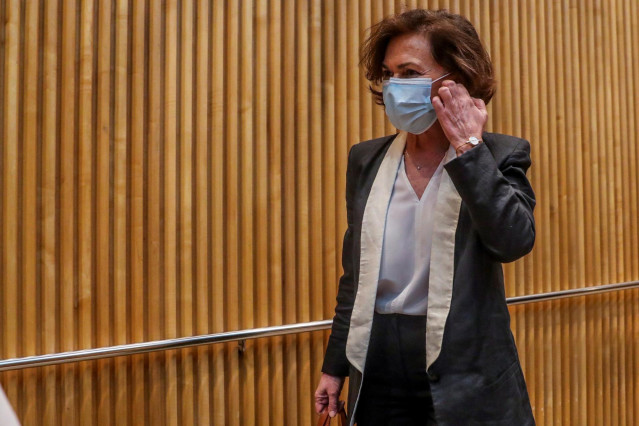 La vicepresidenta primera del Gobierno, Carmen Calvo, en la Comisión para la Reconstrucción del Congreso de los Diputados. En Madrid (España) a 26 de mayo de 2020.