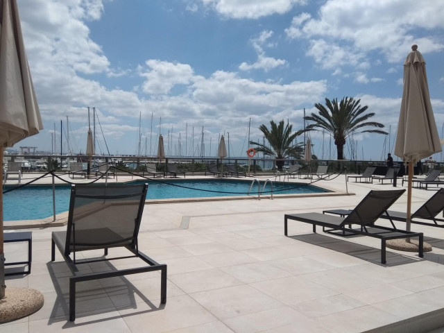 Piscina con la separación de dos metros entre hamacas del hotel Meliá Palma Marina.