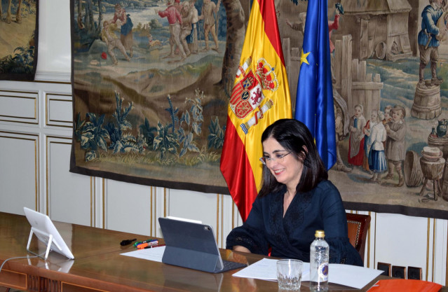 La ministra de Política Territorial, Carolina Darias, en un encuentro telemático con la ULL