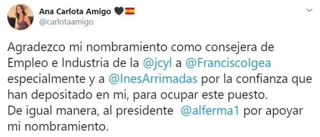Tuit de la nueva consejera de Empleo e Industria, Ana Carlota Amigo.