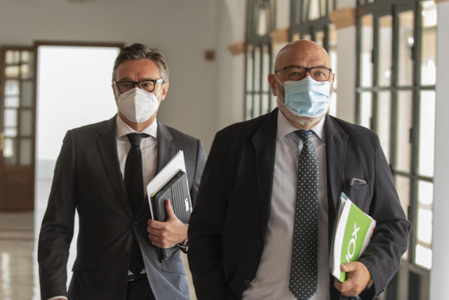 El portavoz del grupo parlamentario Vox, Alejandro Hernández (d), junto al diputado de Vox. Manuel Gavira (i), a su llegada a la sesión constitutiva de la Comisión de Estudio sobre la recuperación económica y social de Andalucía a causa de la pandemia del