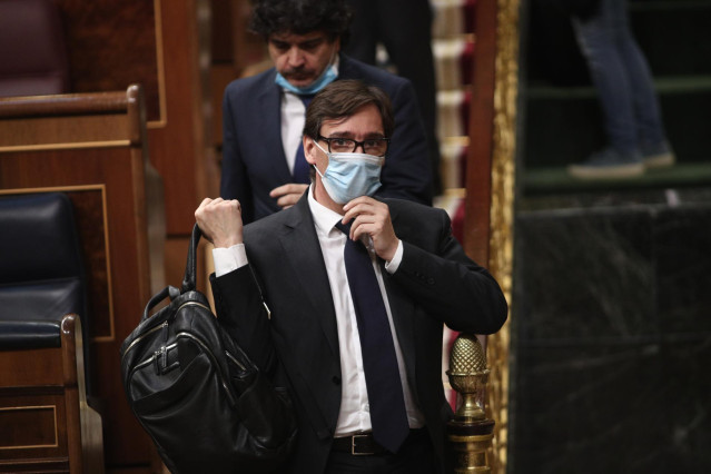 El ministro de Sanidad, Salvador Illa, interviene en el pleno de control al Gobierno en el Congreso de los Diputados, Madrid (España), a 27 de mayo de 2020.