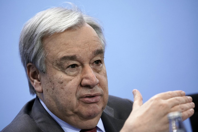 FILED - 19 January 2020, Berlin: Antonio Guterres, Secretary-General of the United Nations, speaks at a press conference after the Libya conference. United Nations Secretary General Antonio Guterres on Wednesday called for global solidarity with Africa, a
