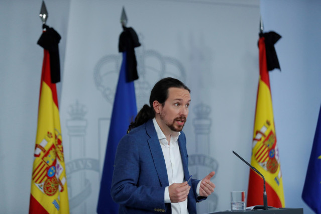 El vicepresidente segundo, Pablo Iglesias, ofrece una rueda de prensa tras el Consejo de Ministros celebrado este viernes, que ha aprobado el Ingreso Mínimo Vital, en Madrid (España), a 29 de mayo de 2020.