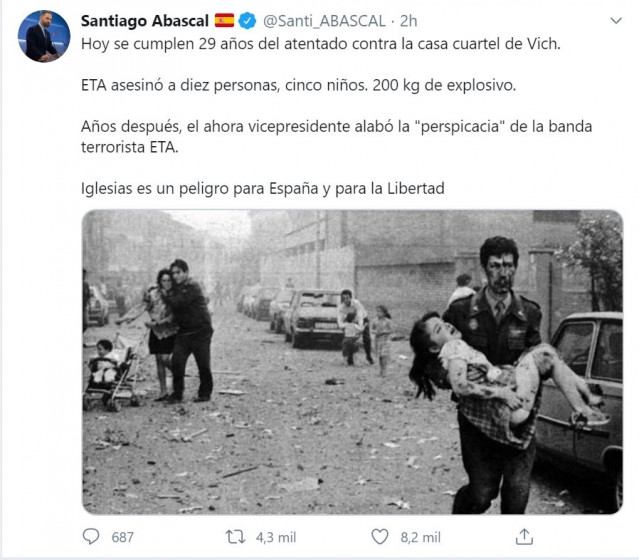 Captura del tweet de Santiago Abascal en el aniversario del atentado contra la casa cuartel de Vich