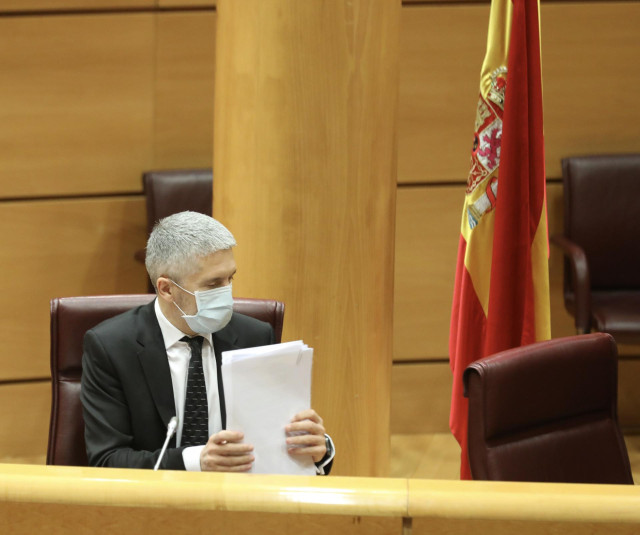 El ministro de Interior, Fernando Grande-Marlaska, ordena unos papeles durante su comparecencia ante la Comisión de Interior en el Senado para informar sobre las líneas generales de la política de su Departamento, en Madrid (España), a 29 de mayo de 2020.