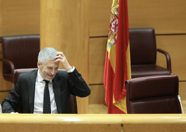 El ministro de Interior, Fernando Grande-Marlaska, se rasca la cabeza durante su comparecencia ante la Comisión de Interior en el Senado para informar sobre las líneas generales de la política de su Departamento, en Madrid (España), a 29 de mayo de 2020.