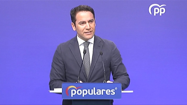El secretario general del PP, Teodoro García Egea, en rueda de prensa en la sede del PP.