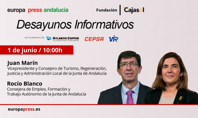 Anuncio del desayuno informativo de Europa Press Andalucía en Sevilla con el vicepresidente de la Junta, Juan Marín, presentado por la consejera de Empleo, Rocío Blanco.