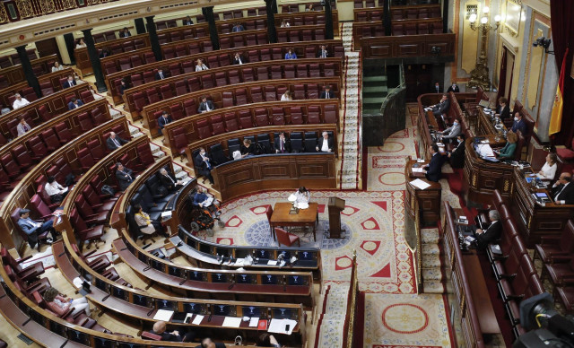 El presidente del Gobierno, Pedro Sánchez, durante su intervención en el pleno del Congreso que debate y vota este miércoles la quinta prórroga del estado de alarma, en Madrid (España), a 20 de mayo de 2020.