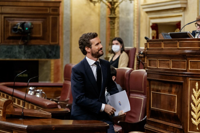 El presidente del Partido Popular, Pablo Casado, en el debate de la sexta prórroga del estado de alarma. En Madrid, (España), a 3 de junio de 2020.