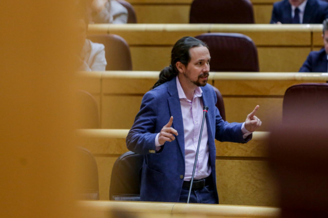 El Vicepresidente segundo del Gobierno y Ministro de Derechos Sociales y Agenda 2030, Pablo Iglesias, durante su intervención en el pleno en el Senado del 1 de junio