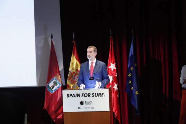 El Rey de España, Felipe VI, durante su discurso en la presentación de la campaña 'Spain for Sure', organizada por España Global, el Foro de Marcas Renombradas, la Cámara de Comercio y la CEOE, en el Museo del Prado, Madrid (España).